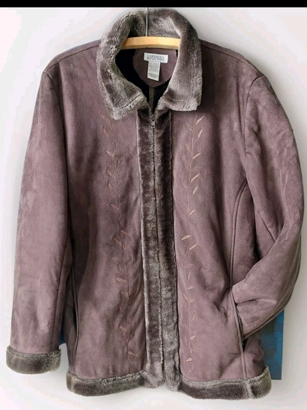 Brown Faux-Shearling Suede Teddy Jacket Ladies Size XL Embroidered Retro Y2K